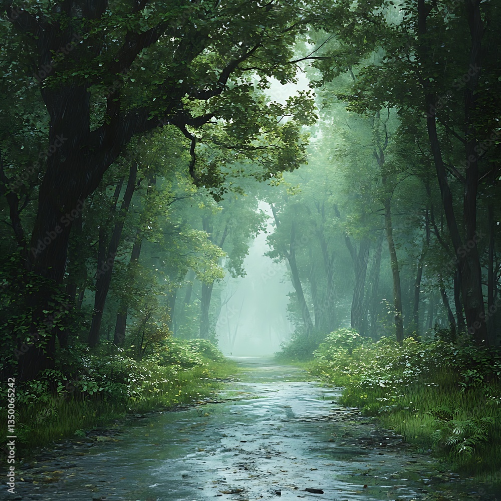 Obraz premium Tranquil Rainy Forest Path Scene