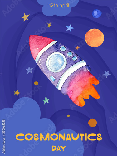 Cosmonautics Day, which  celebrated on April 12. Illustration of a space rocket, planet Mars, moon and stars on a dark purple background. Vector watercolor