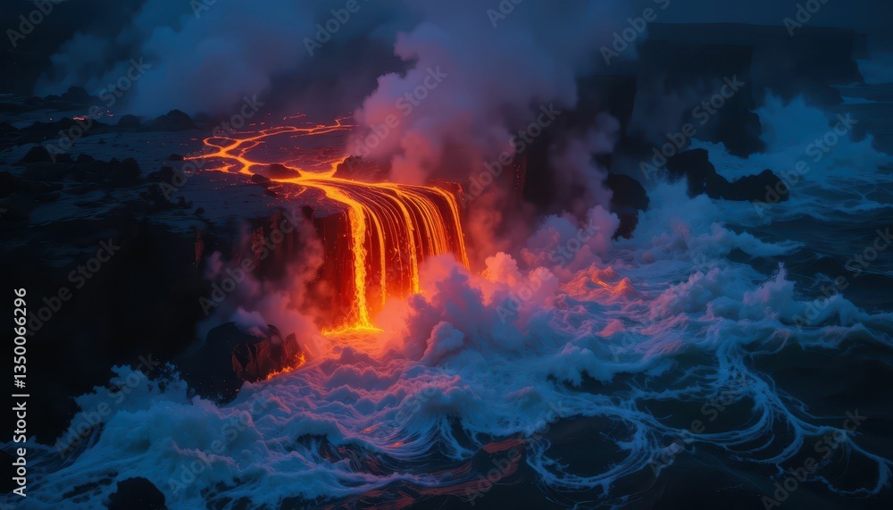 Lava Flowing into Ocean with Smoke and Waves at Night View Lava Flowing into Ocean with Smoke and Waves at Night View