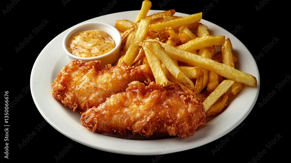 Crispy Fried Fish Fillets with Golden French Fries and Dipping Sauce Crispy Fried Fish Fillets with Golden French Fries and Dipping Sauce
