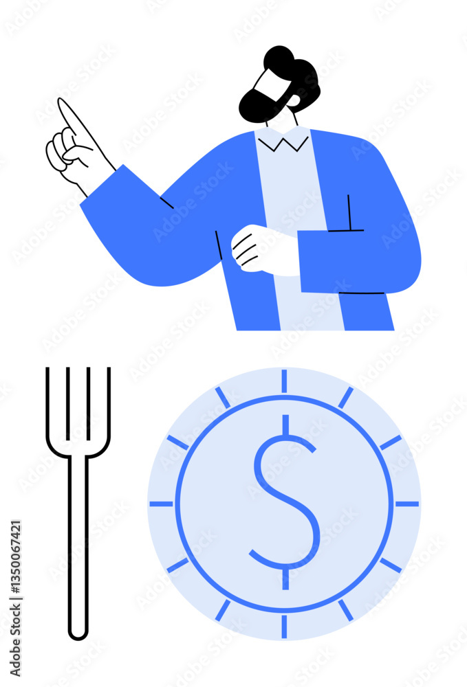 Man in blue jacket gestures upward, paired with fork and coin symbol. Ideal for financial wellness, dining budget, cost planning, economy, food expense management, saving tips, flat simple metaphor Man in blue jacket gestures upward, paired with fork and coin symbol. Ideal for financial wellness, dining budget, cost planning, economy, food expense management, saving tips, flat simple metaphor