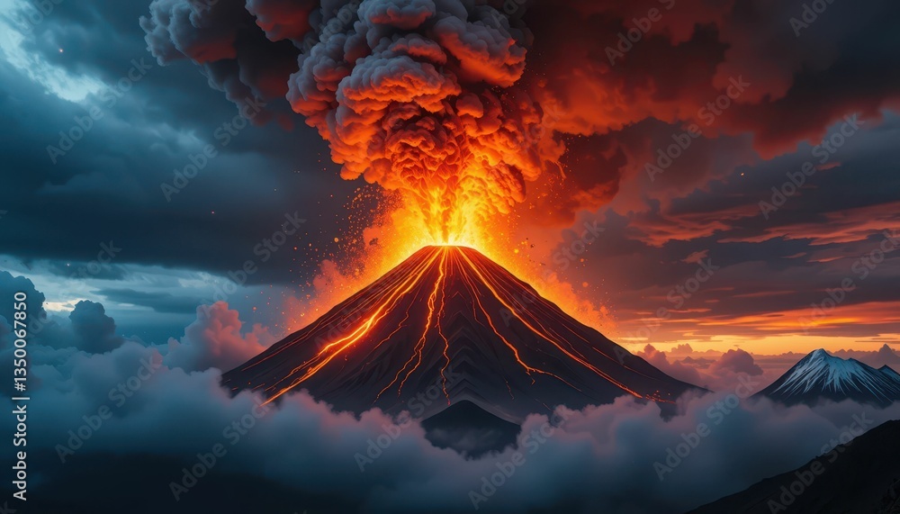 Fototapeta premium Erupting Volcano With Thick Smoke and Lava Flow in Dramatic Evening Sky