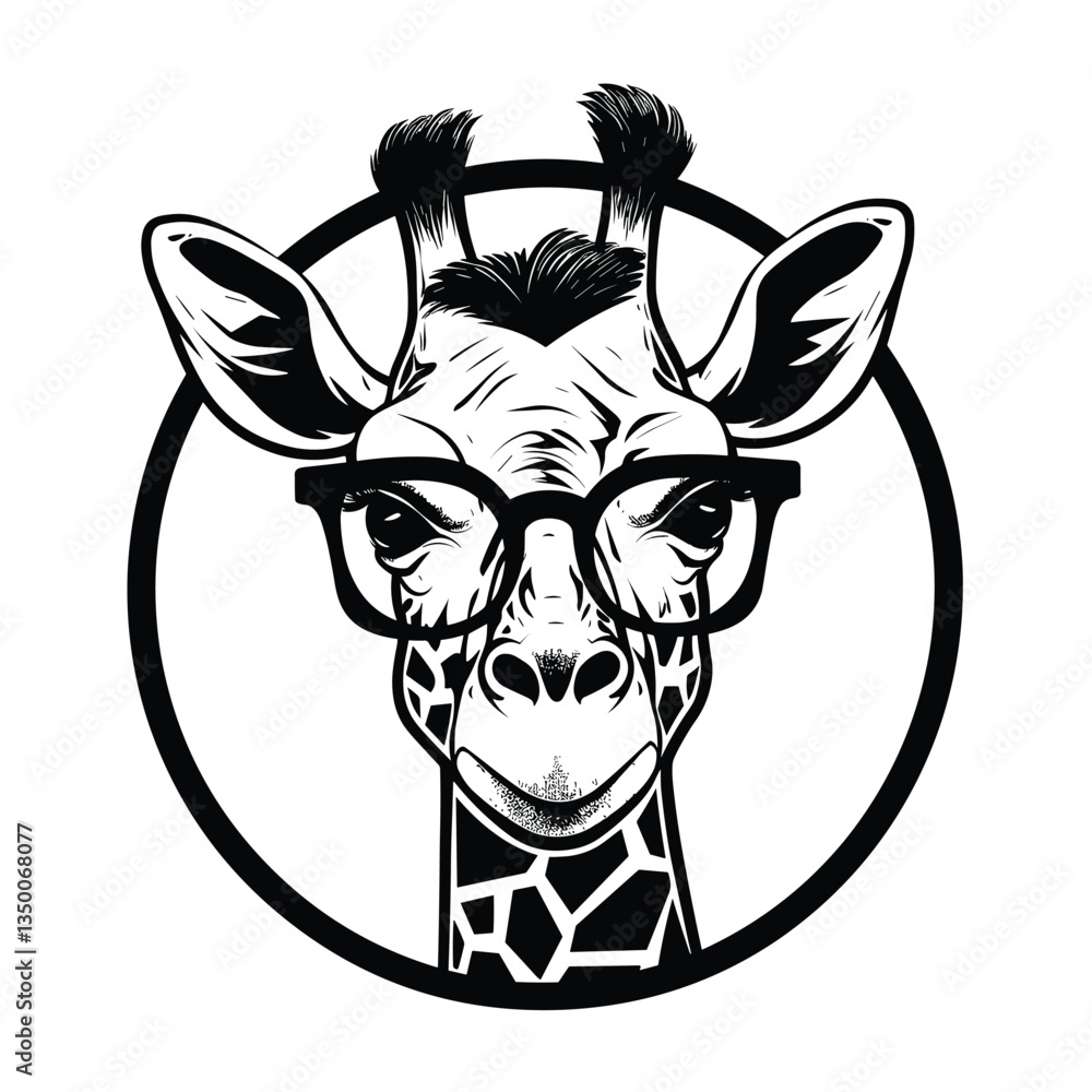 Obraz premium A black and white illustration of a giraffe, showcasing its tall, elegant form with intricate details. Perfect for wildlife art, minimalist designs, tattoos, logos, and nature-themed graphics.
