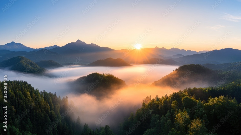 Fototapeta premium Misty Sunrise Mountain Range Aerial View