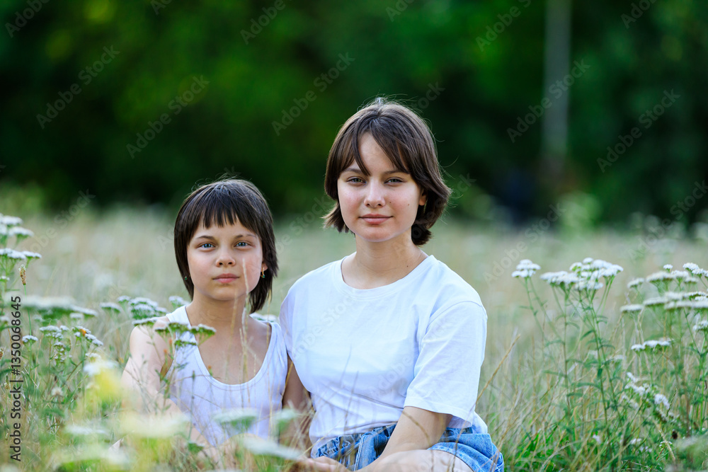 Portrait of sisters spending time together in park in summer