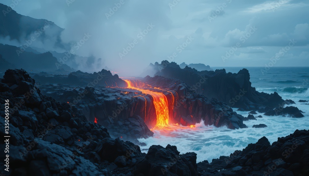 Naklejka premium Majestic Lava Flow Into Ocean Amidst Dramatic Rocky Landscape