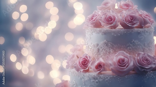 Elegant two-tiered wedding cake adorned with delicate pink sugar roses and sparkling embellishments against a bokeh background.