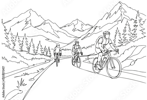 Cycling in the Mountains with Friends, continuous single one line art hand drawing sketch, Group of mountain bikers riding through rugged trails and forest paths, enjoying nature