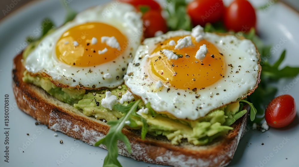 Avocado Toast Delight: A close-up captures the artful arrangement of avocado toast with perfectly cooked sunny-side-up eggs, a scattering of tomatoes, and fresh greens. Avocado Toast Delight: A close-up captures the artful arrangement of avocado toast with perfectly cooked sunny-side-up eggs, a scattering of tomatoes, and fresh greens.