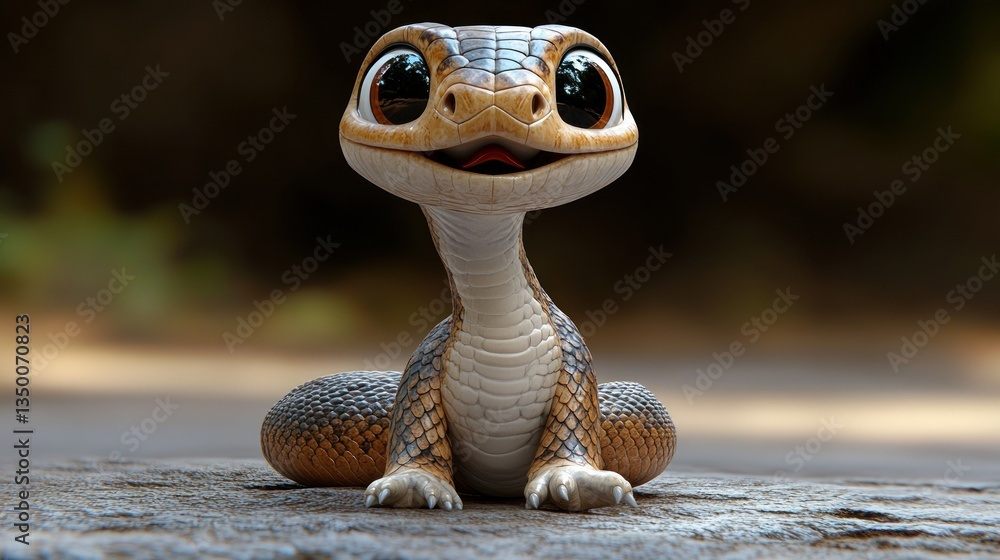 Obraz premium Cute cartoon snake, sitting, forest background, happy expression. Use children's book illustration, educational material