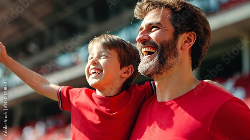 Wallpaper Mural Father and son cheering for their team at a stadium, both wearing red jerseys and smiling with excitement. Concept of: Shared joy. Torontodigital.ca