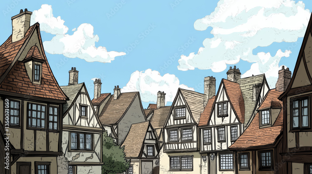 Fototapeta premium Urban street landscape with retro residential buildings, cartoon vector. Cityscape vintage background with old houses, residential town area during day isometric view, blue sky with clouds