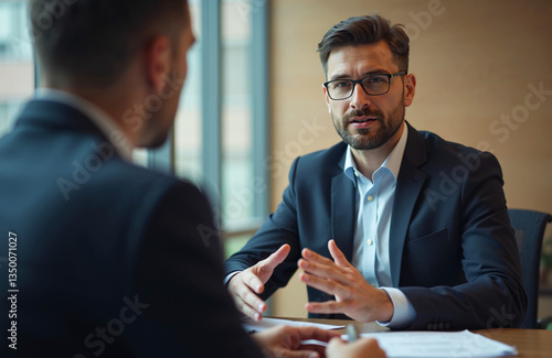 Engaging Business Discussion: Two businessmen in a realistic office setting, ideal for portraying job interviews or corporate meetings. High-quality image perfect for websites, presentations, and prof