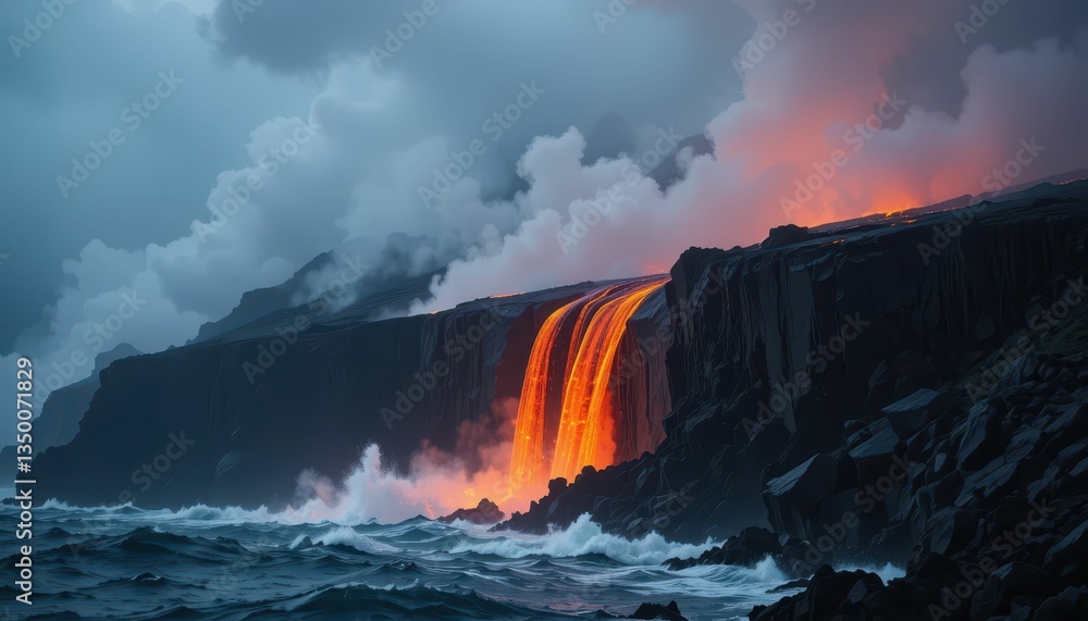 Fototapeta premium Fiery Lava Flow Cascading Down Rock Cliff Into Dark Ocean Water
