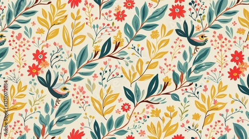 A lively floral pattern with birds, leaves, and vibrant flowers on a soft cream background. Playful, artistic, and nature-inspired, perfect for textiles and decor.
