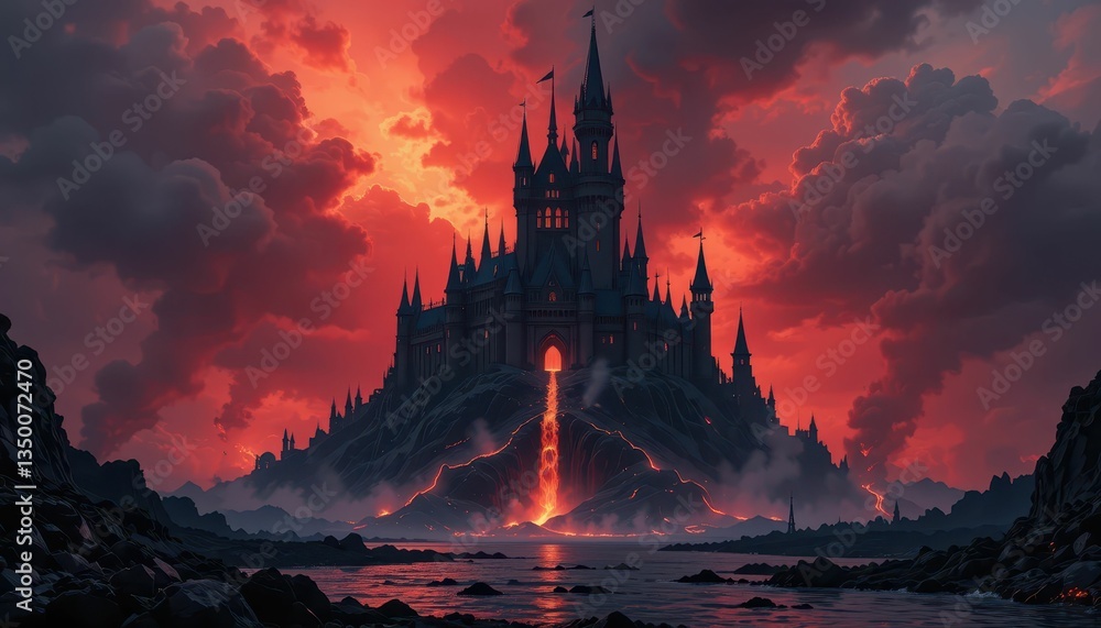 Naklejka premium Majestic Castle on a Fiery Mountain Against a Dramatic Sunset Sky