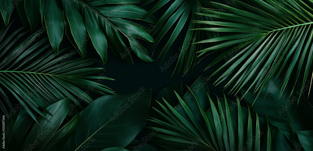A close-up abstract dark green palm leaf texture background in a flat lay style. The deep green leaves contrast against a dark black background, providing copy space for text or design elements, creat A close-up abstract dark green palm leaf texture background in a flat lay style. The deep green leaves contrast against a dark black background, providing copy space for text or design elements, creat