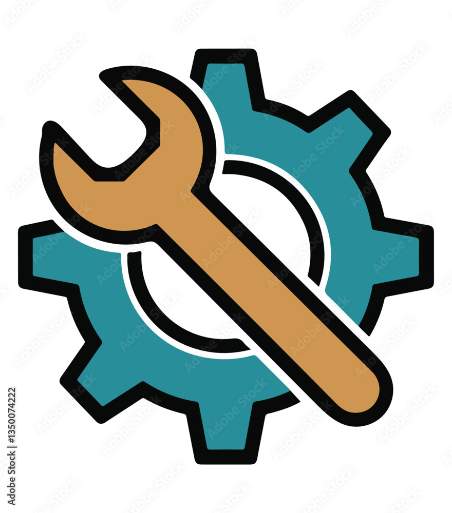 Flat vector illustration of a gear and wrench symbolizing mechanical repair, engineering, and technical maintenance Flat vector illustration of a gear and wrench symbolizing mechanical repair, engineering, and technical maintenance