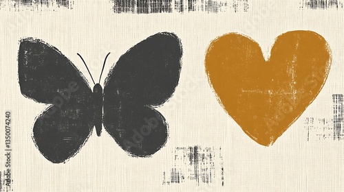 Black butterfly and mustard heart on textured background.
