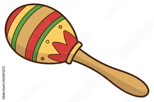 21 Colorful wooden maraca, rainbow stripes, vibrant colors, spherical rattle, musical instrument, children's toy, wooden handle, close-up photography, white background, simple design, primary colors, 