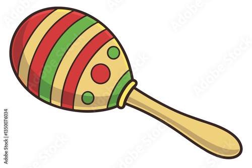 21 Colorful wooden maraca, rainbow stripes, vibrant colors, spherical rattle, musical instrument, children's toy, wooden handle, close-up photography, white background, simple design, primary colors, 