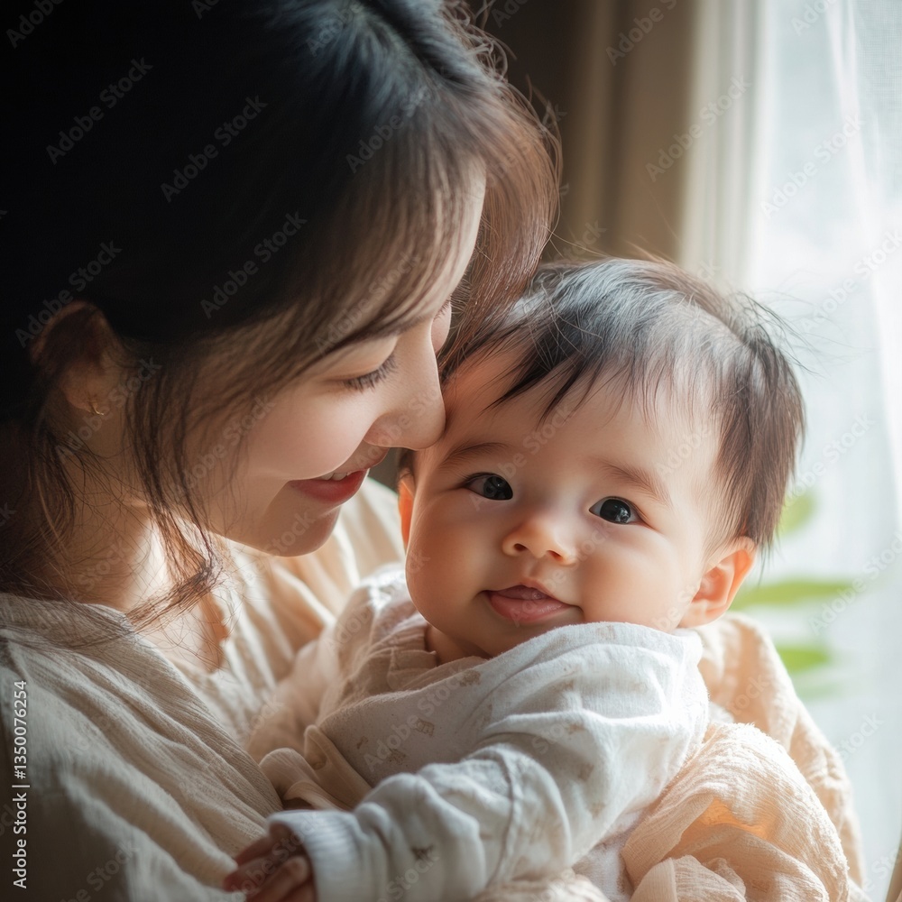 Mother cherishes tender moment with her smiling baby in cozy indoor setting near window in soft morning light Mother cherishes tender moment with her smiling baby in cozy indoor setting near window in soft morning light