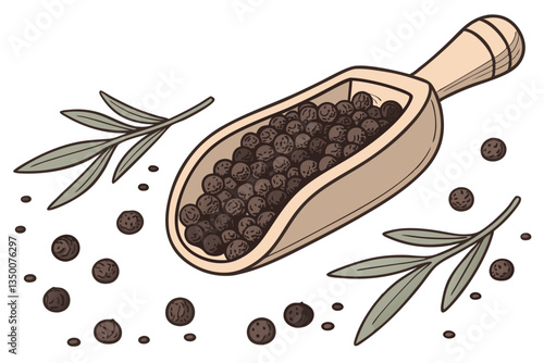 22 Wooden scoop, black peppercorns, spice photography, culinary still life, scattered spices, macro shot, warm tones, rustic texture, food ingredient, aromatic seasoning, high detail, soft lighting, w