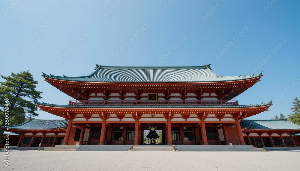 Traditional Asian Architecture of Temple with Red Roof and Blue Sky Traditional Asian Architecture of Temple with Red Roof and Blue Sky