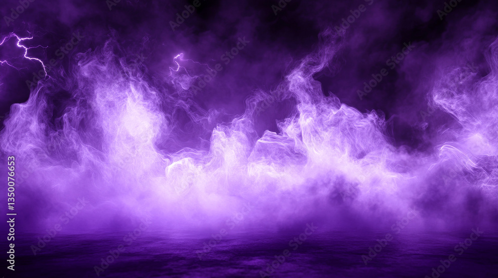 Fototapeta premium Realistic thunder light and purple smoke cloud bottom frame. Mysterious lightning glow border wide panoramic element. Fluffy magic spell mist glowing with bolt energy charge overlay color design