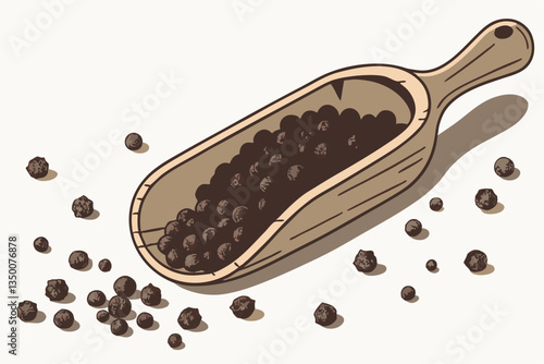 22 Wooden scoop, black peppercorns, spice photography, culinary still life, scattered spices, macro shot, warm tones, rustic texture, food ingredient, aromatic seasoning, high detail, soft lighting, w