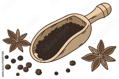 22 Wooden scoop, black peppercorns, spice photography, culinary still life, scattered spices, macro shot, warm tones, rustic texture, food ingredient, aromatic seasoning, high detail, soft lighting, w