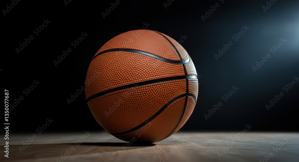 Close-up of a basketball on a wooden surface with dramatic lighting Close-up of a basketball on a wooden surface with dramatic lighting