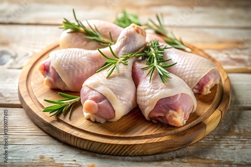 Juicy raw chicken drumsticks arranged on a rustic wooden board, garnished with fresh rosemary sprigs, ready for cooking, promising a delicious meal.