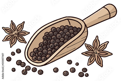 22 Wooden scoop, black peppercorns, spice photography, culinary still life, scattered spices, macro shot, warm tones, rustic texture, food ingredient, aromatic seasoning, high detail, soft lighting, w