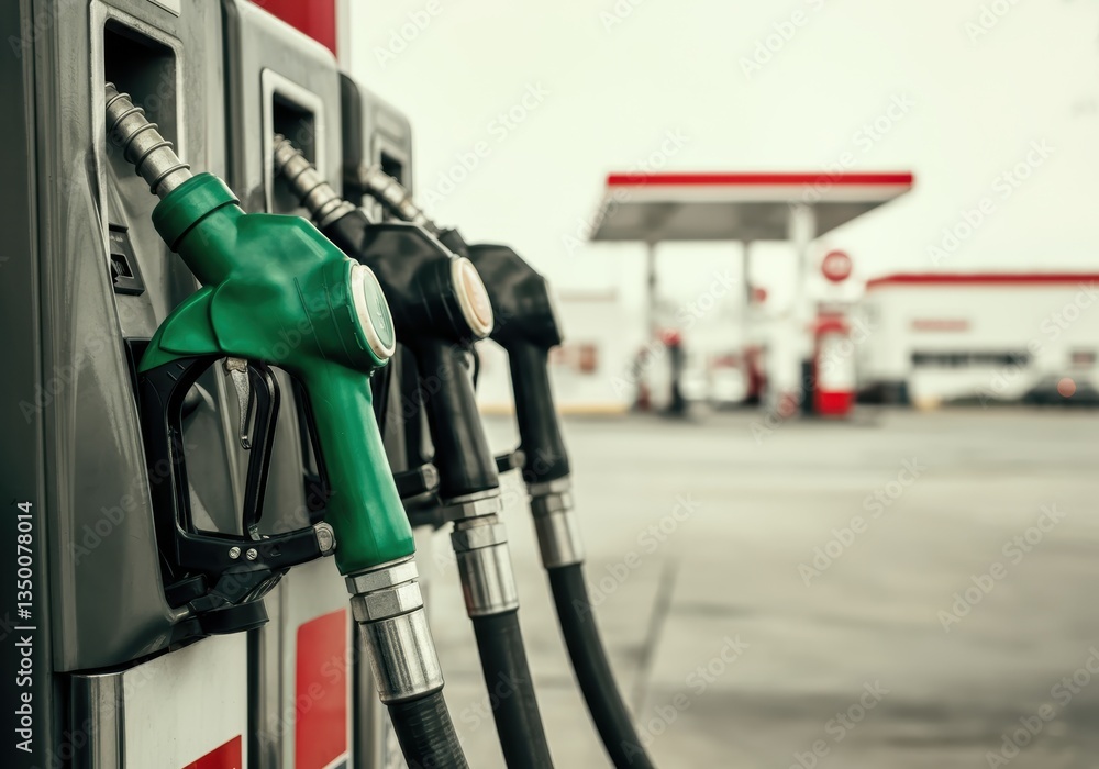 Fuel pumps with green nozzle at a gas station, symbolizing energy and transportation