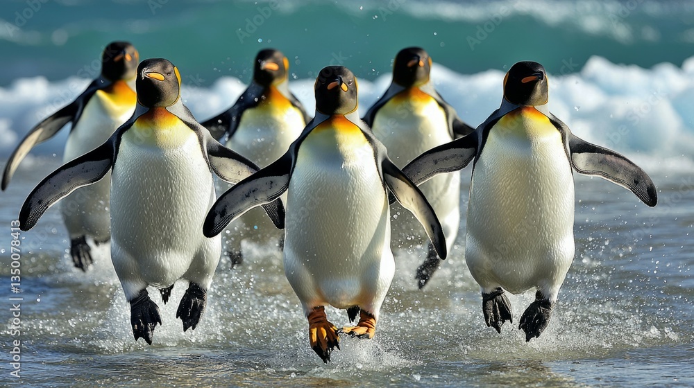 Obraz premium Group of Penguins Running on Shoreline with Ocean Waves in Background