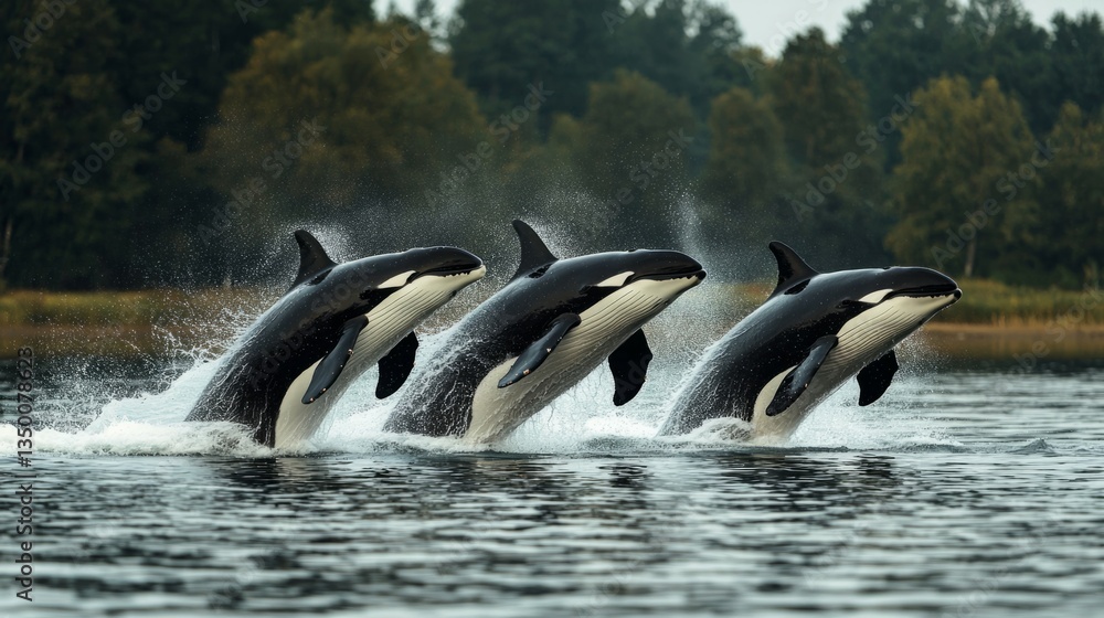 Obraz premium Majestic Orcas Leaping Gracefully Across Calm Water Surface