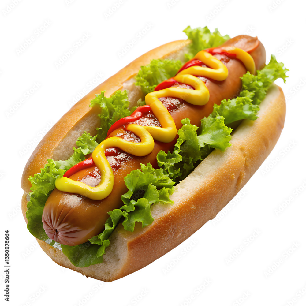 Hot dog with mustard and ketchup served with lettuce, tomato, and onion on a plate Hot dog with mustard and ketchup served with lettuce, tomato, and onion on a plate