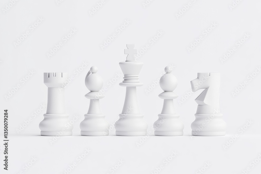 Strategic white chess pieces in a line on a plain background Strategic white chess pieces in a line on a plain background