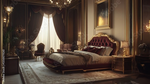 Luxurious bedroom with ornate decor, rich colors, and elegant furnishings for relaxation.