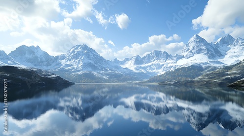 Wallpaper Mural A serene mountain landscape with snow-capped peaks reflecting in a calm lake under a blue sky. Torontodigital.ca
