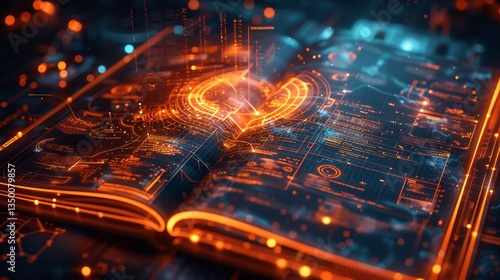 Futuristic book of music theory its pages glowing with animated chord charts scale diagrams and rhythmic patterns The high tech visual captures the essence of learning music theory digitally