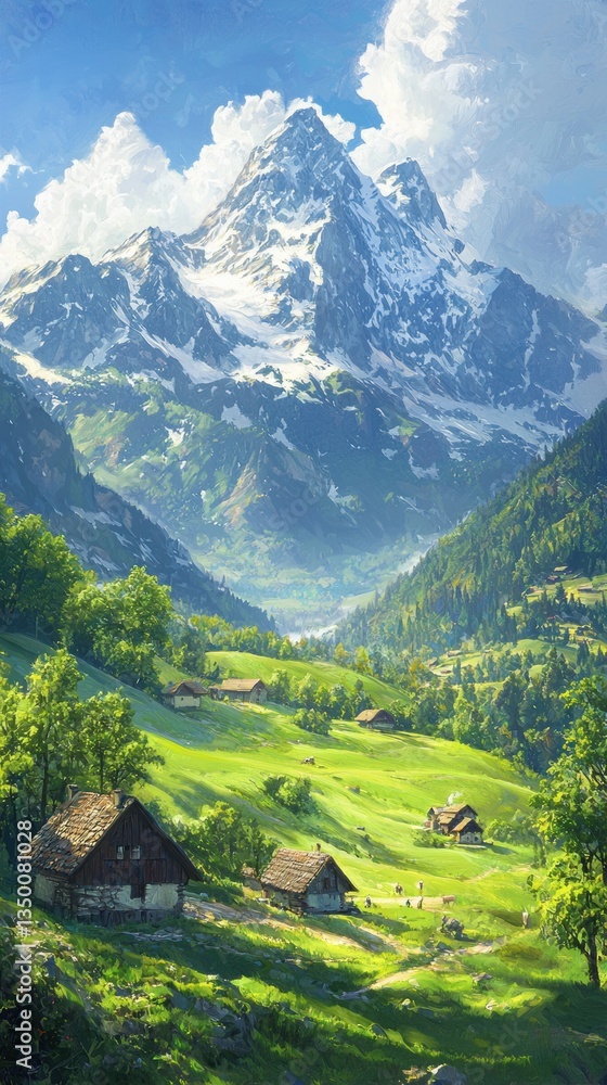 Obraz premium Majestic alpine landscape green meadows and snowcapped peaks