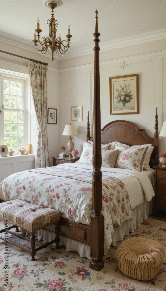 Fototapeta premium Elegant Vintage Bedroom with Floral Decor and Classic Furniture