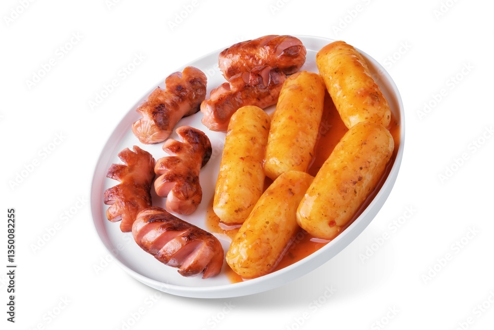 Fried sausages with spicy tomato sauce teokbokki in a plate on a white isolated background Fried sausages with spicy tomato sauce teokbokki in a plate on a white isolated background