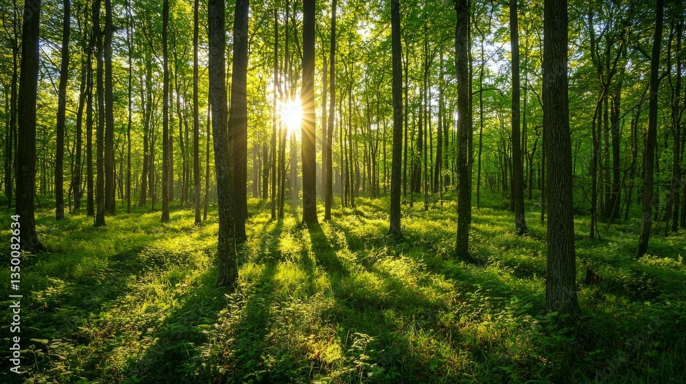 Naklejka premium Serene Sunlight Filtering Through Lush Green Forest Trees