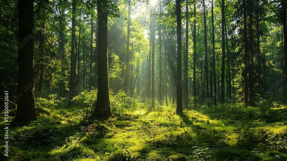 Naklejka premium Serene Sunlight Filtering Through Dense Green Forest Trees