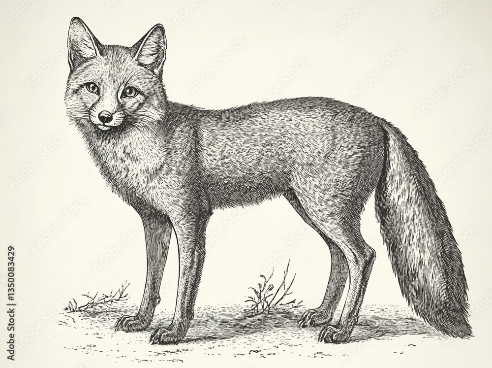 Fototapeta premium Illustration of a fox standing with a bushy tail and pointed ears on a light background