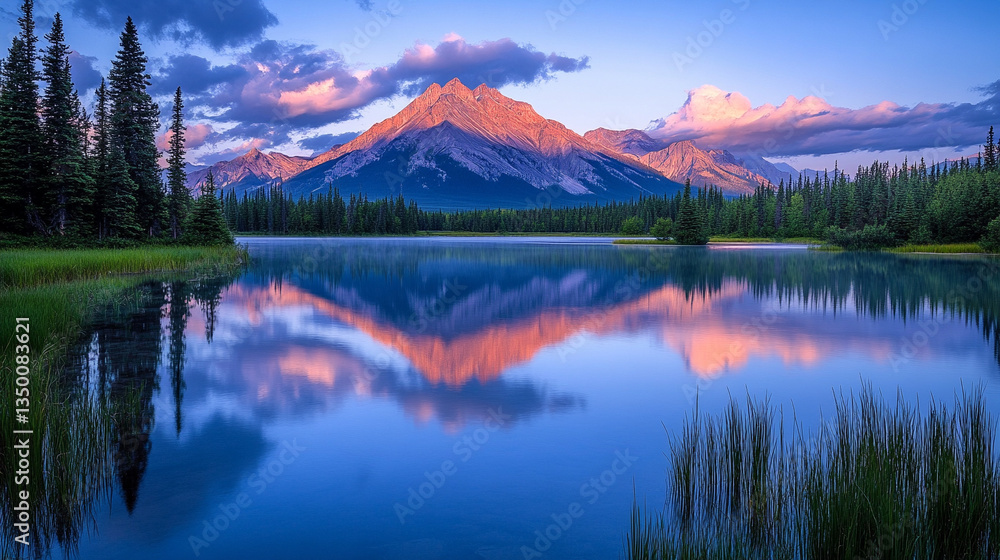 Fototapeta premium Majestic mountain reflected in calm lake at dusk