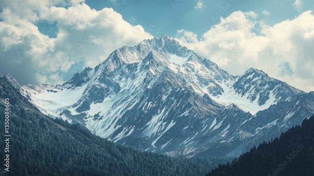 Obraz premium Majestic Snow-Capped Mountain Surrounded by Lush Green Forests